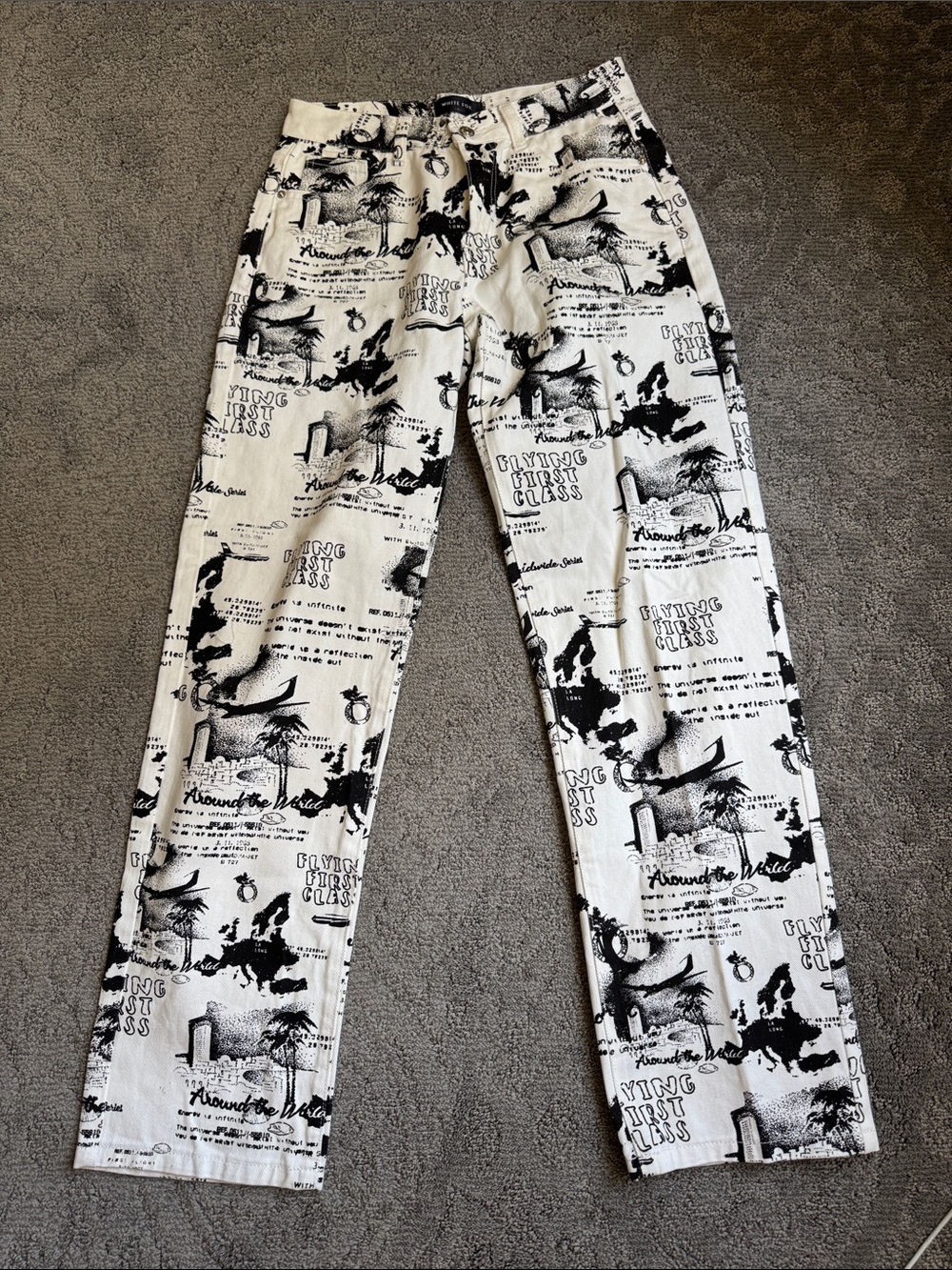 White Fox Boutique Flying First Class Black & White Straight Leg Graphic Jeans